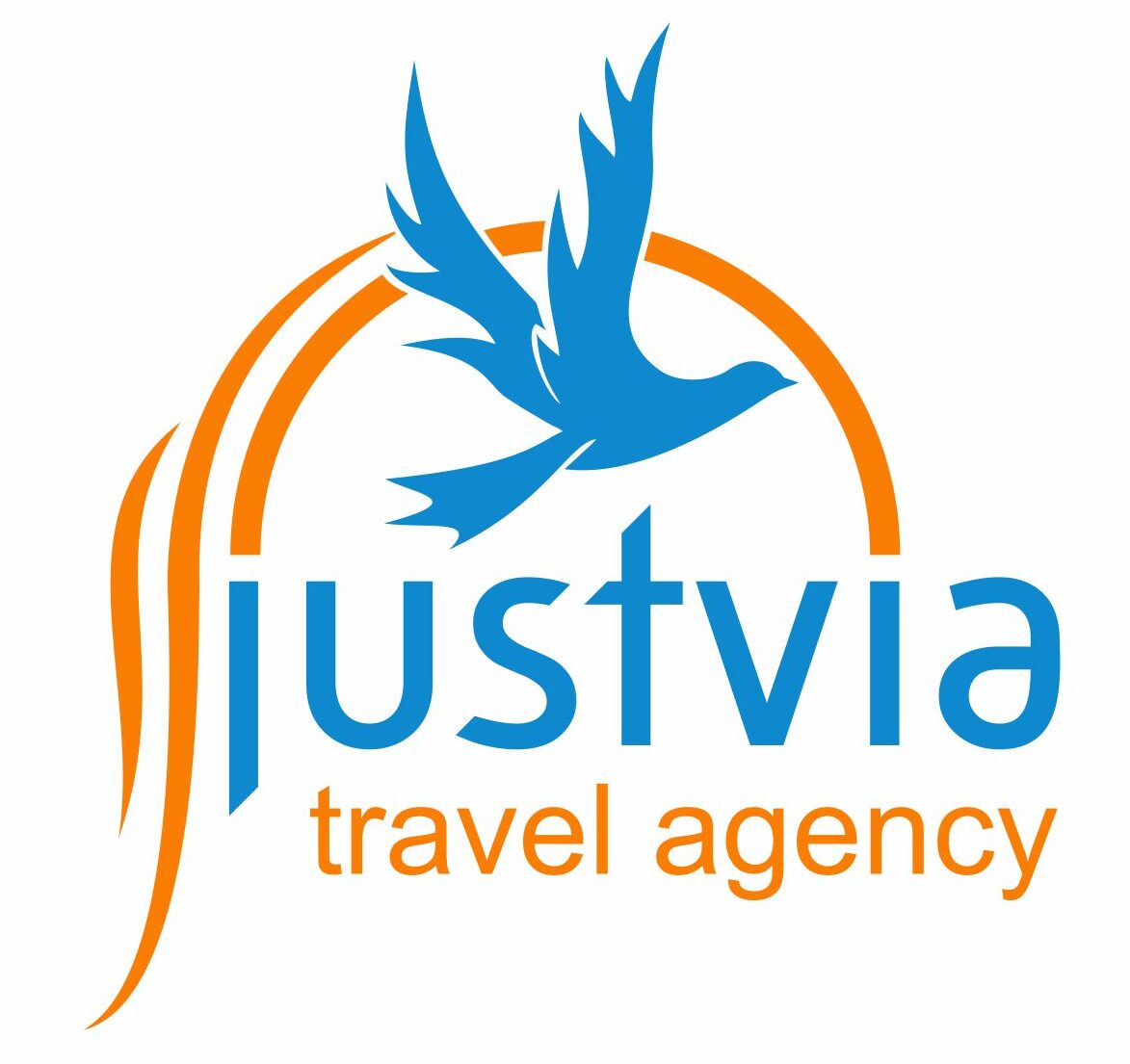 Justvia Travel Agency logo – blue bird in flight with orange arc
