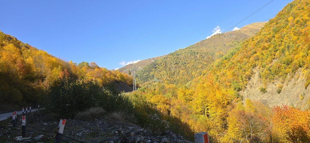 Golden autumn valley on the drive up into Upper Svaneti, Georgia