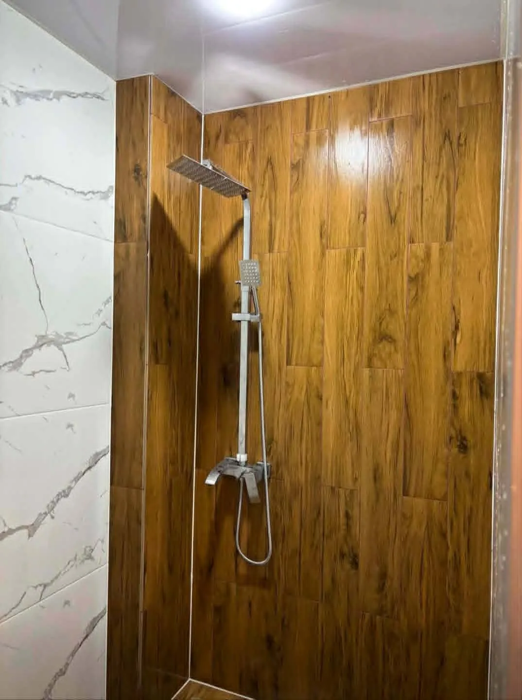 Modern walk-in shower at the Mestia guesthouse, Svaneti, Georgia