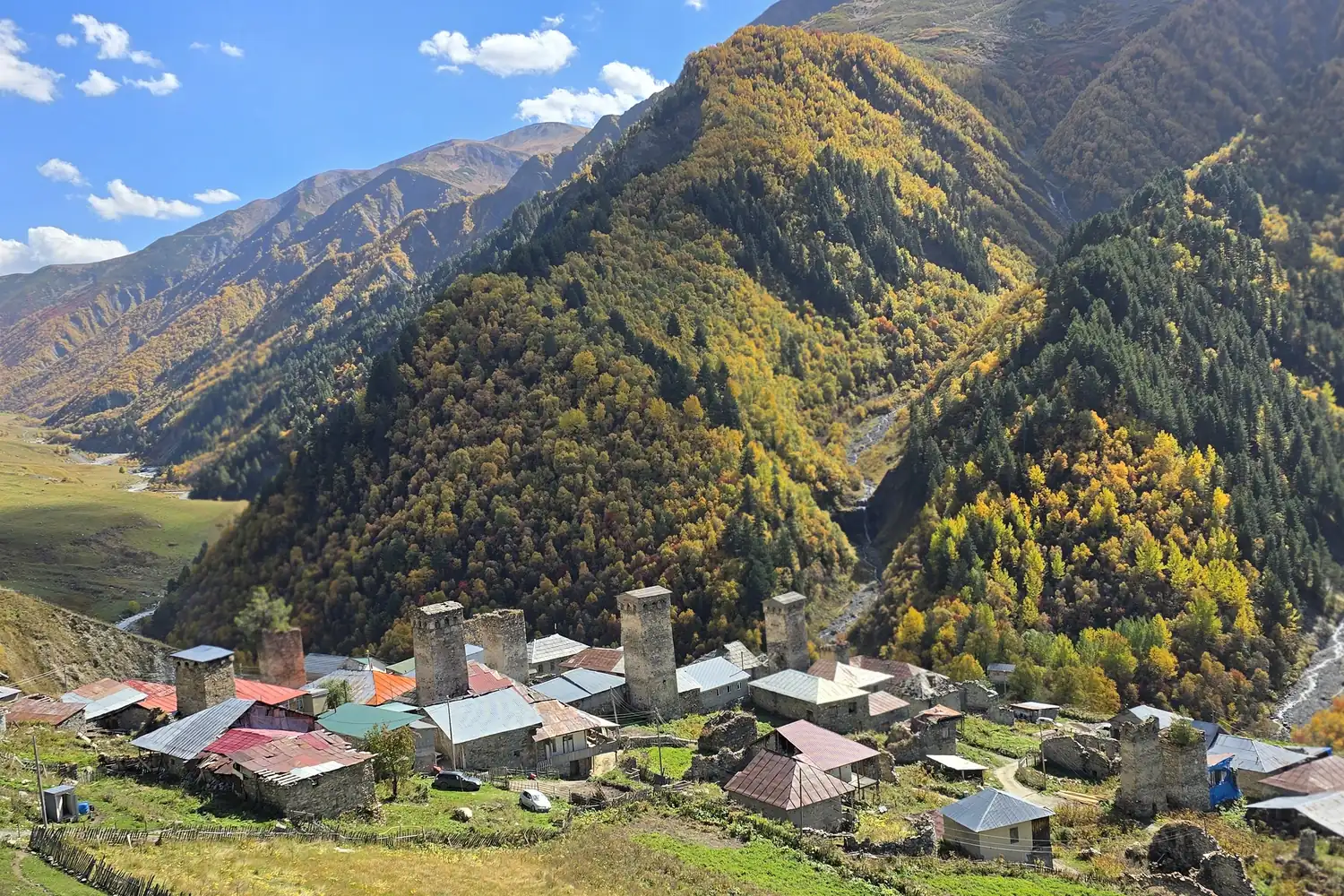 A Svaneti village and its stone towers seen from above, Georgia