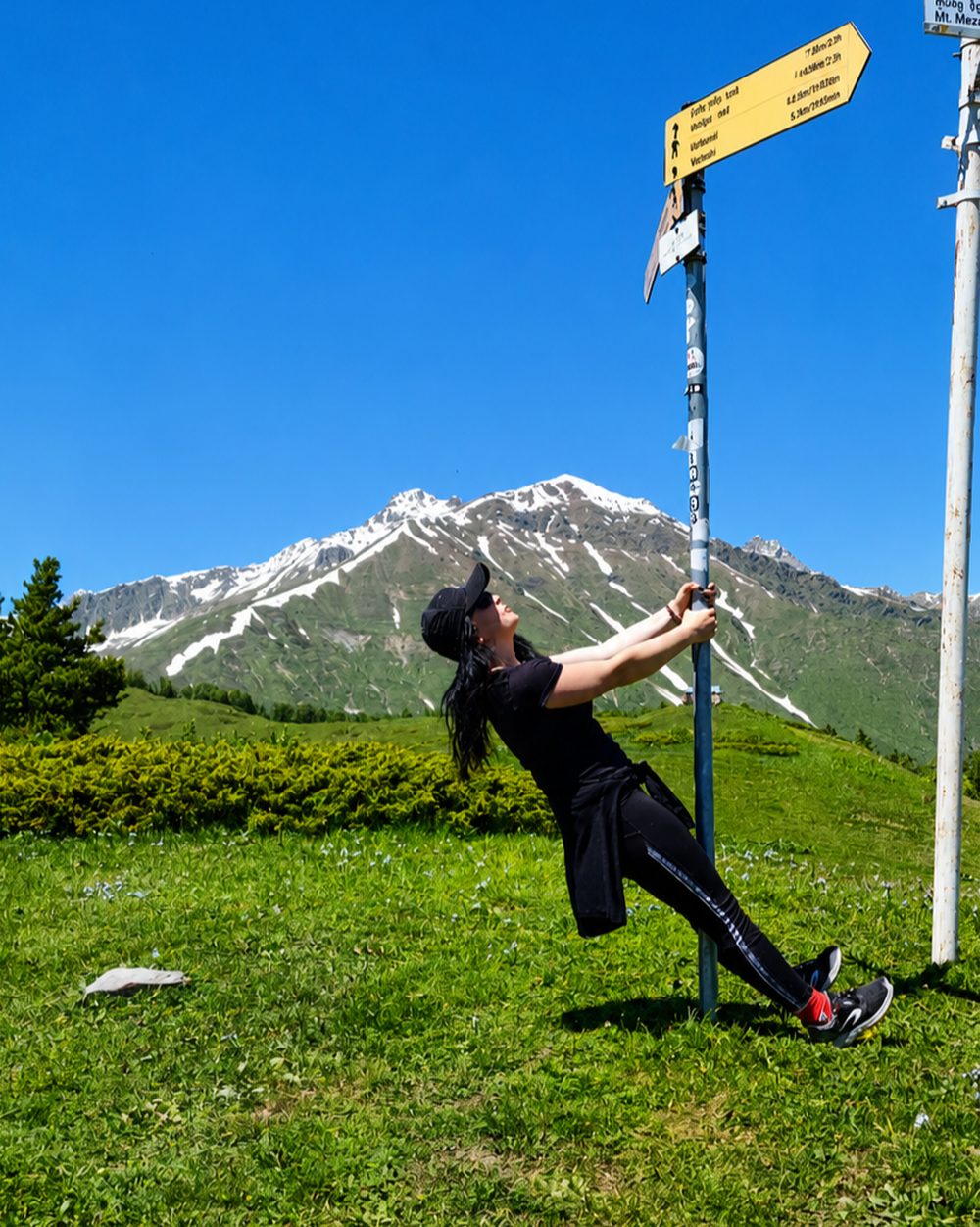 Waymarked hiking trail in the Caucasus mountains above Mestia, Georgia