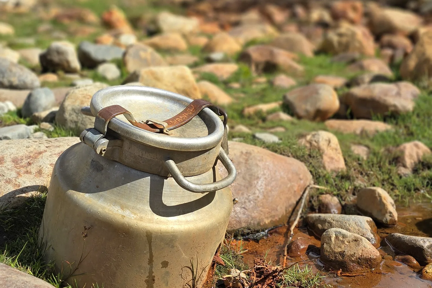 Old aluminium milk churn beside a mineral spring on stony ground in Upper Svaneti, Georgia