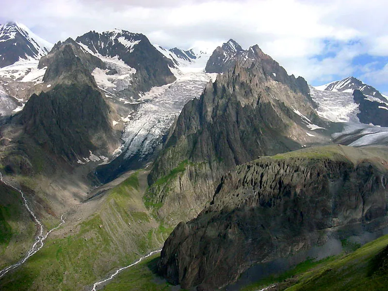 Rocky peaks and a glacier in the Caucasus mountains, Georgia