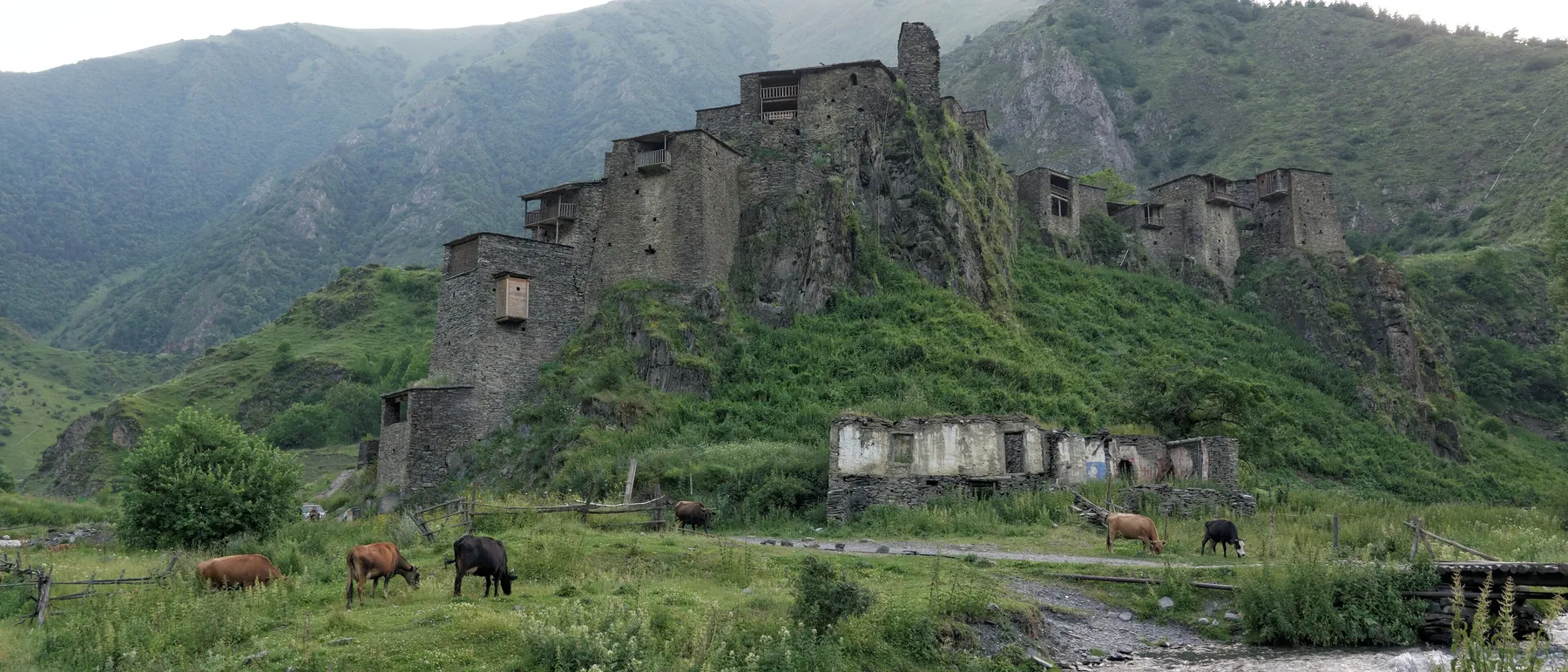 The medieval stone towers of Shatili on a green hillside above a river, Khevsureti, Georgia
