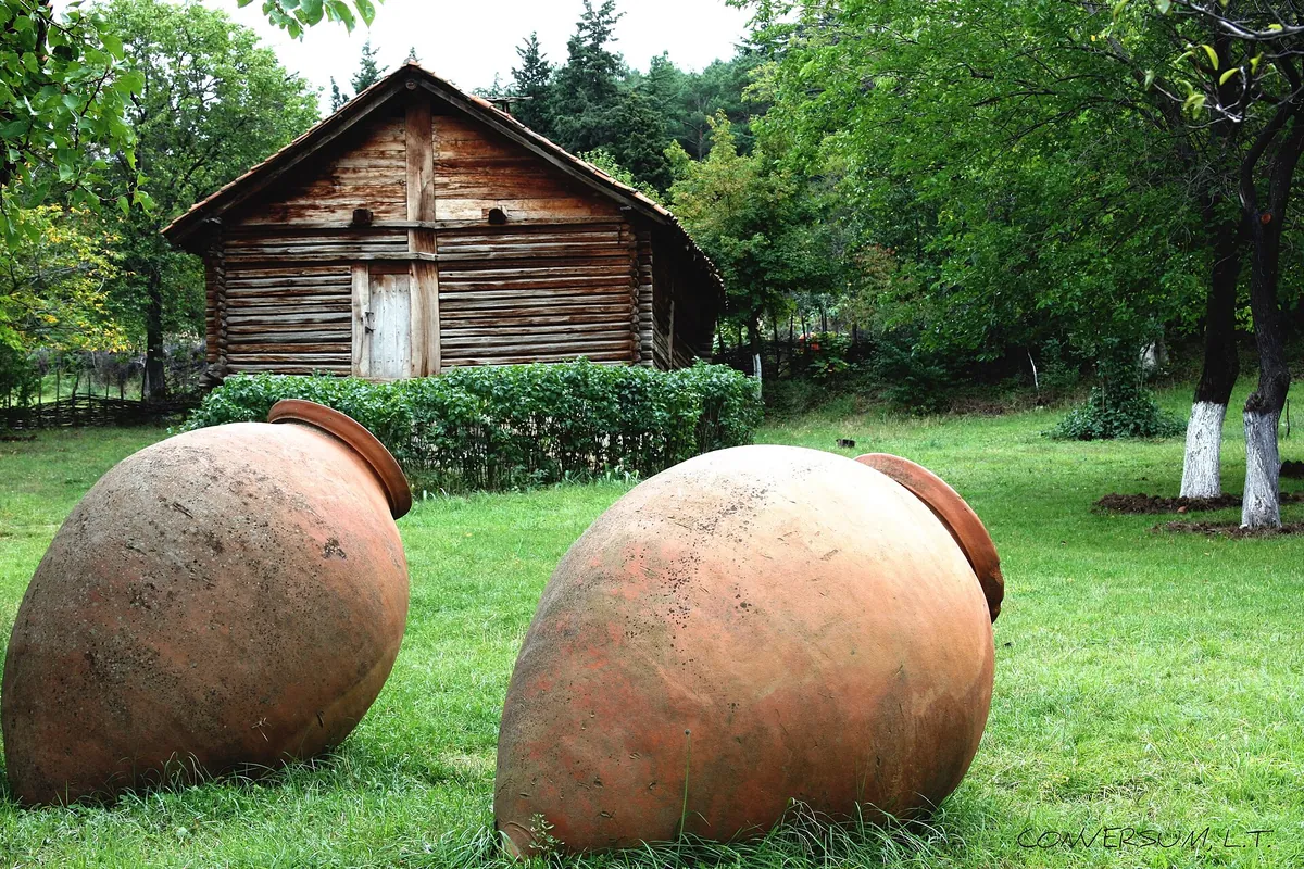 Two large clay qvevri wine vessels lying on the grass in front of a wooden house in Georgia